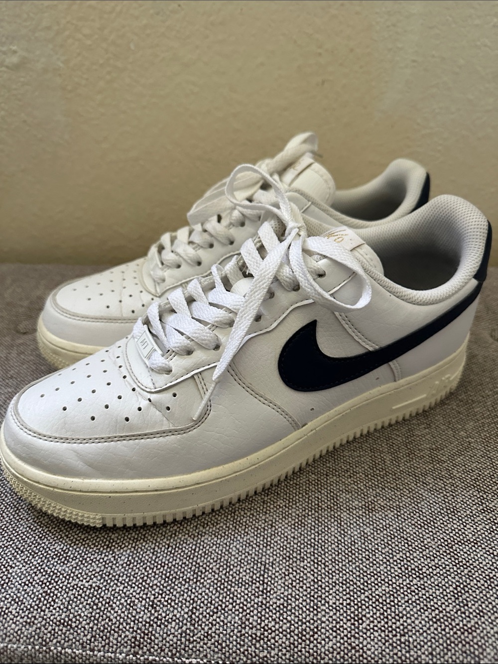 Nike Women’s AF1 White Leather Low-Top Sneakers with Navy Swoosh